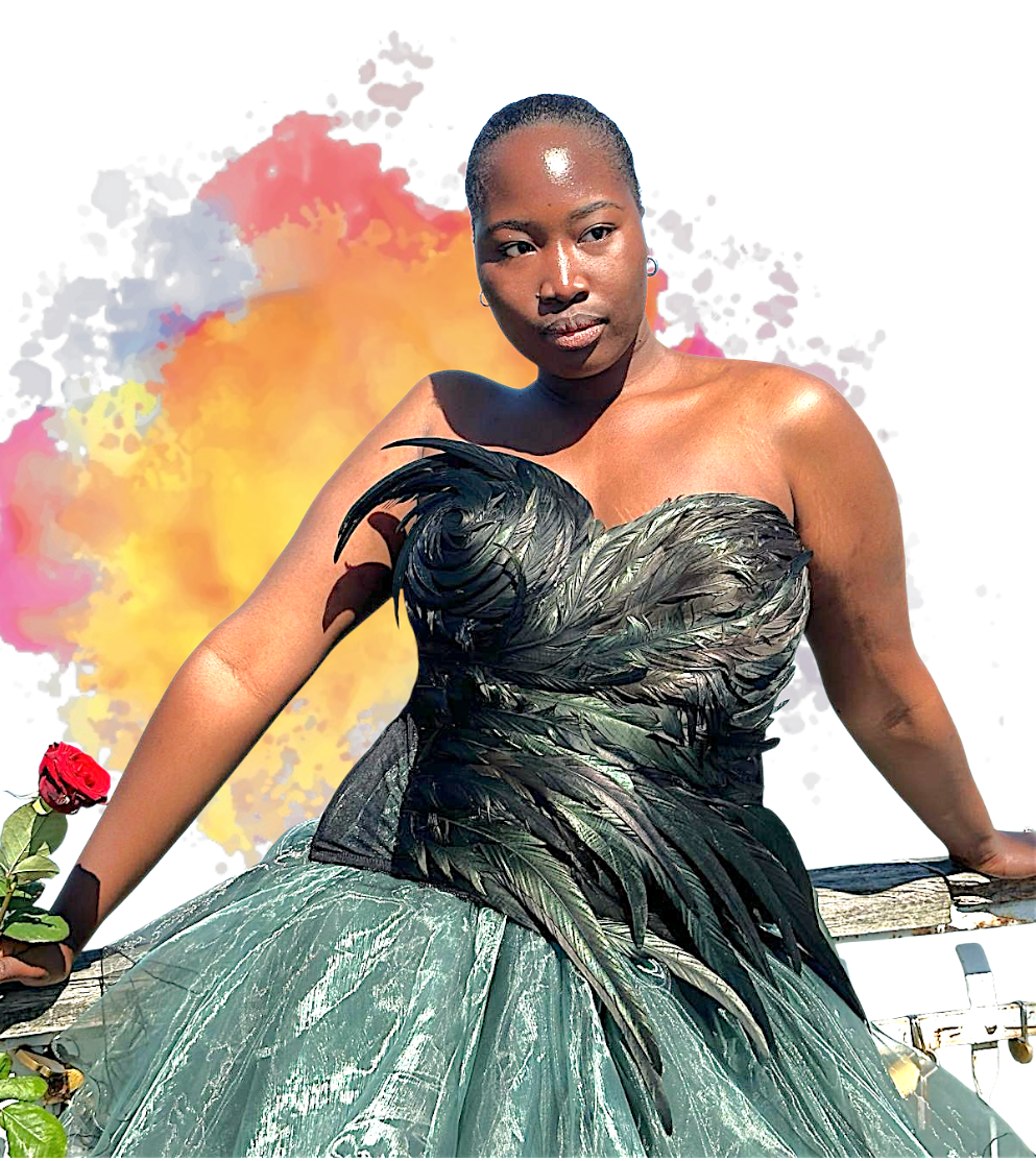 mannequin avec bustier en plumes noires